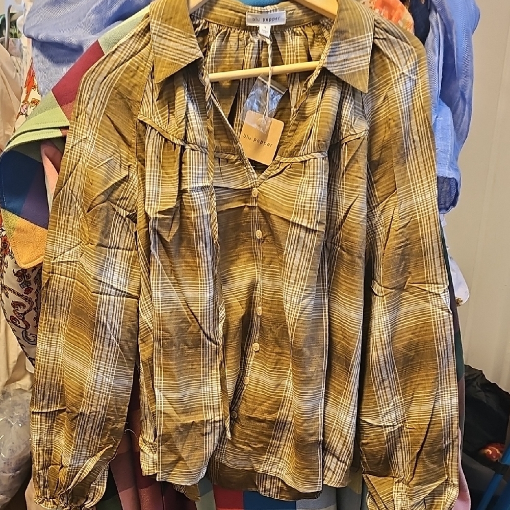 Blu Pepper Olive Plaid Blouse Size S